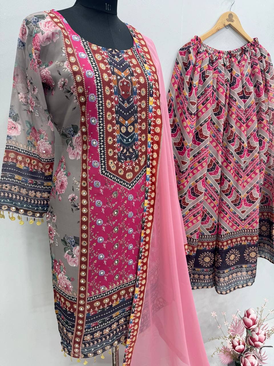 Blush Bloom Fendy Satin Sharara Gown Set | Mirror & Sequin Party Wear Perfection