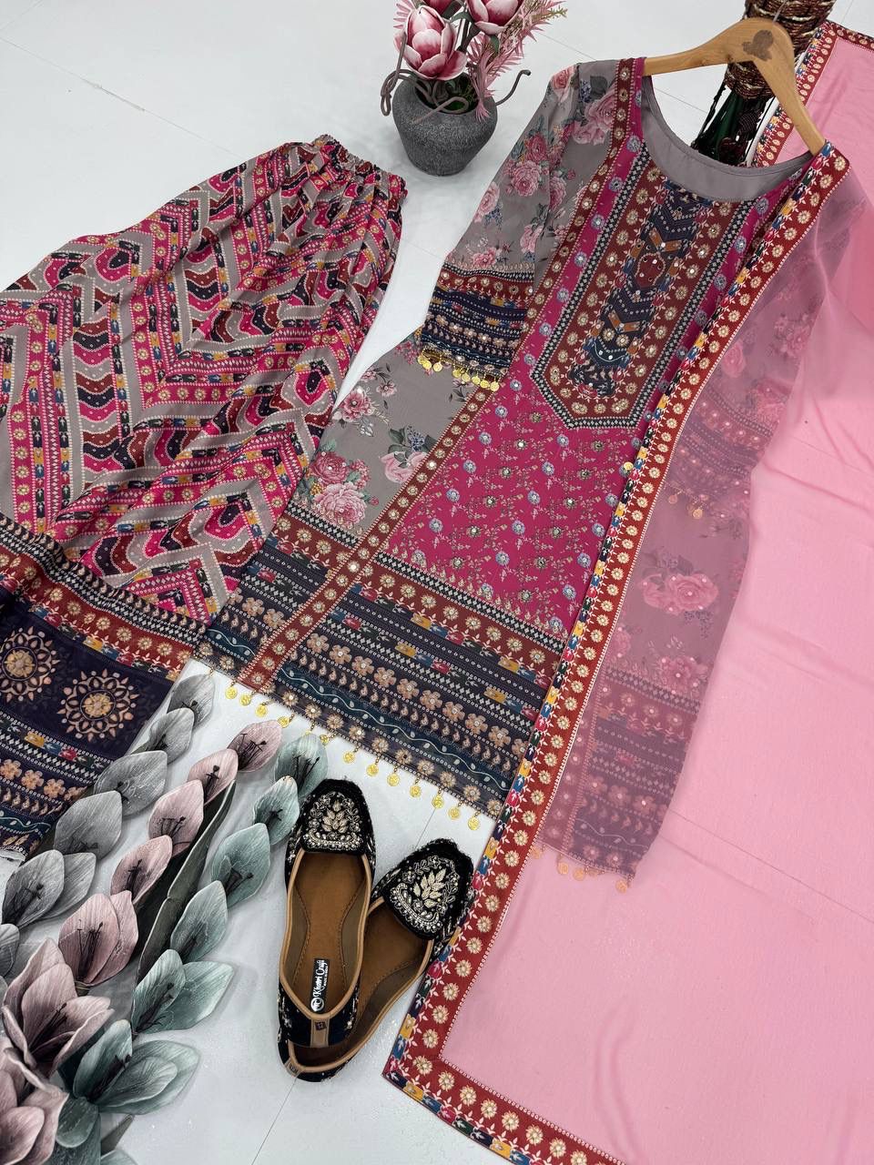 Blush Bloom Fendy Satin Sharara Gown Set | Mirror & Sequin Party Wear Perfection