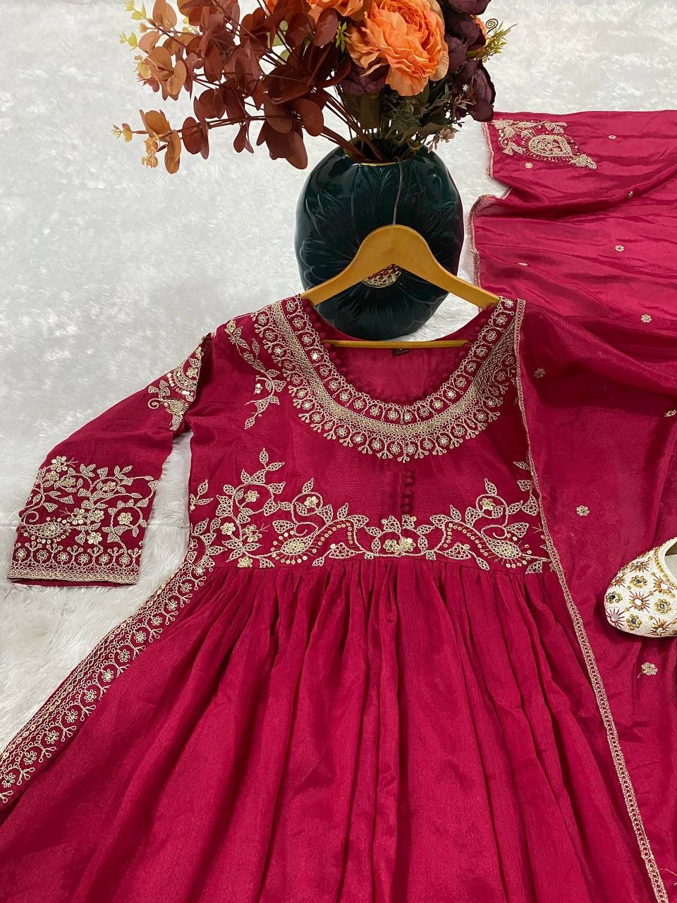 Blush Radiance Chinon Gown Set | Thread & Sequin Embroidered Festival Collection