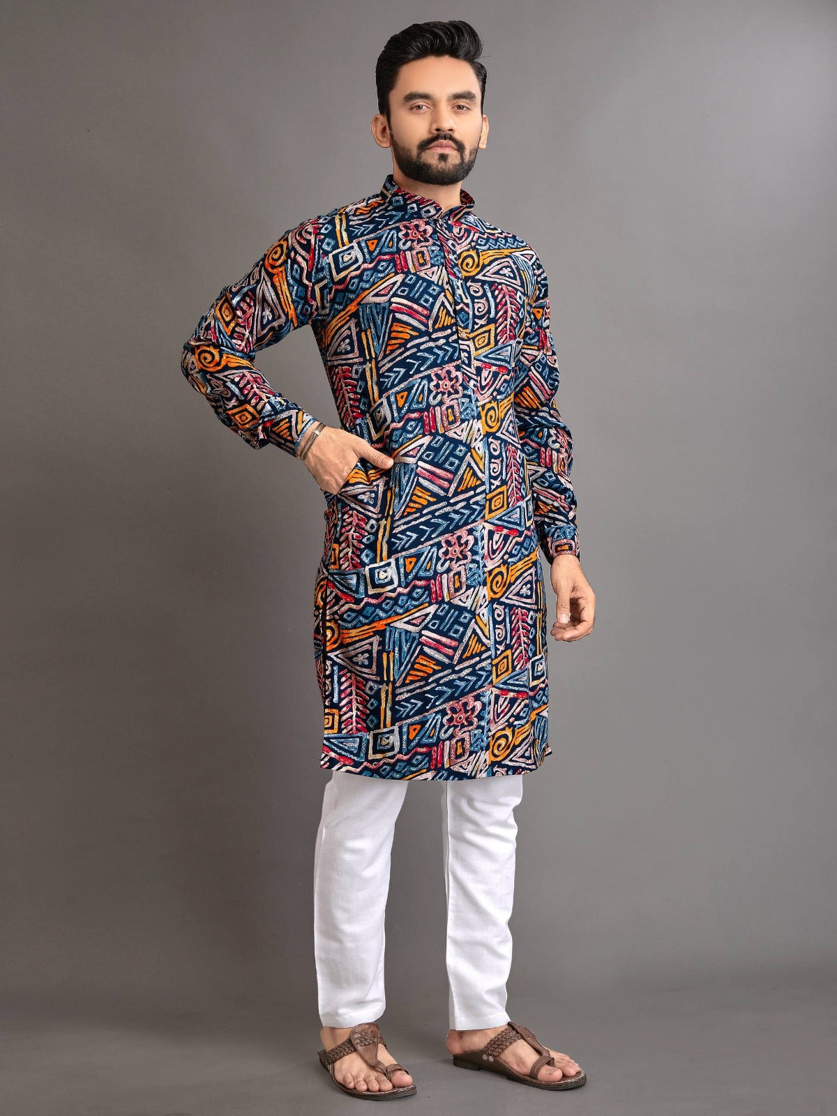 Men’s Multicolor Foil Print Kurta Pajama Set