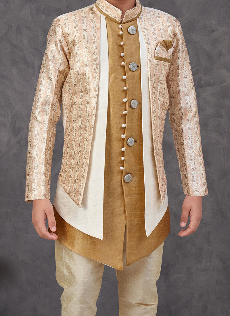 Beige Zari Work Jacquard Banarasi Silk Boys Indowestern Sherwani Wedding Wear