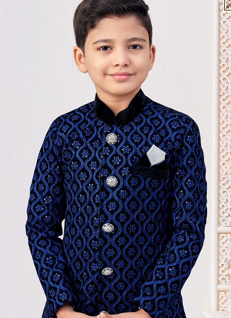Black Velvet Embroidered Sequins Boys Indowestern Sherwani Wedding Wear