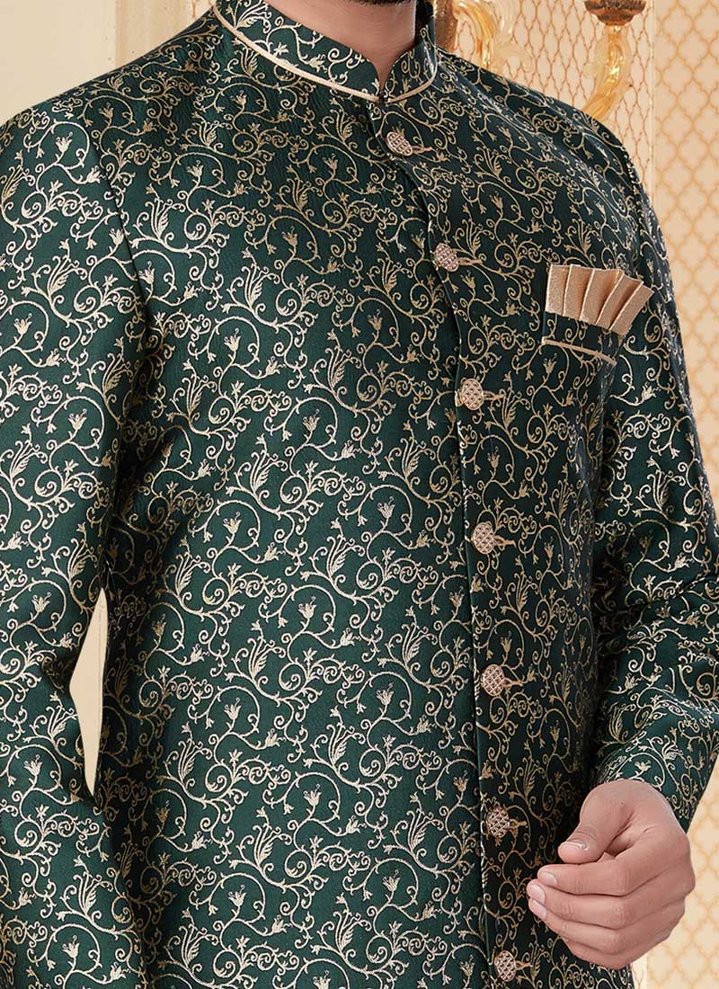 Dark Green Heavy Jacquard Embroidery Classic Sherwani Wedding Wear