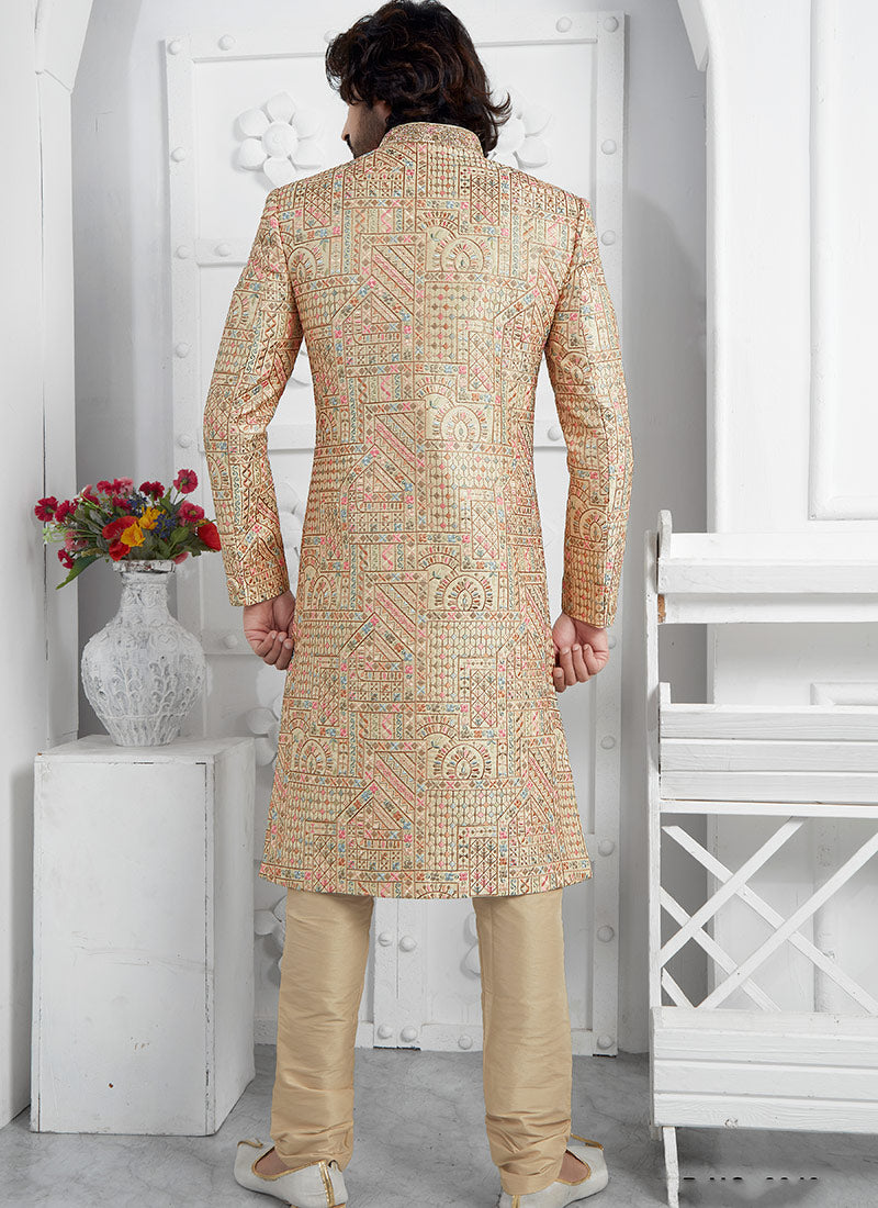 Cream Silk Cut Dana Embroidered Indowestern Lastest Sherwani Design Wedding Wear