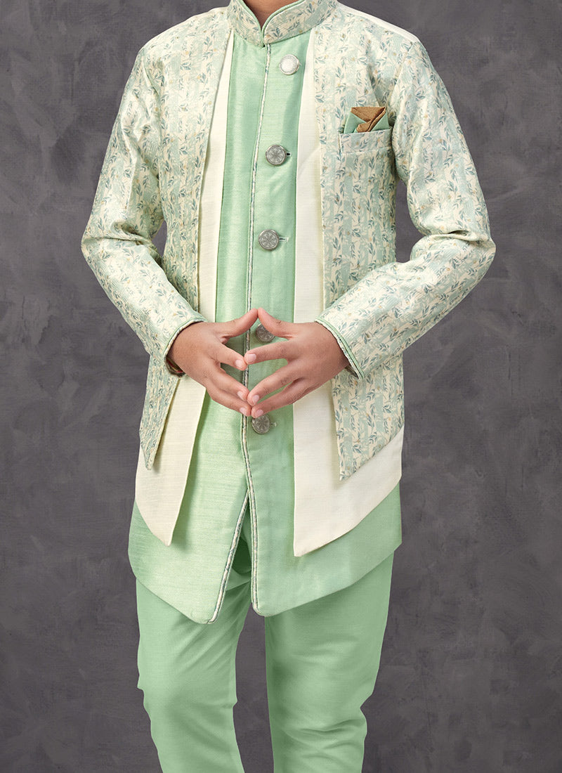 Green Jacquard Silk Printed With Zari Work Boys Indowestern Sherwani Wedding Wear