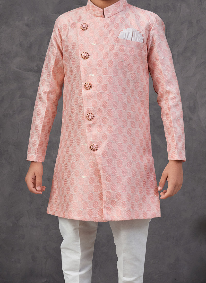 Pink Jacquard Silk Embroidered Sequins Boys Indowestern Sherwani Wedding Wear